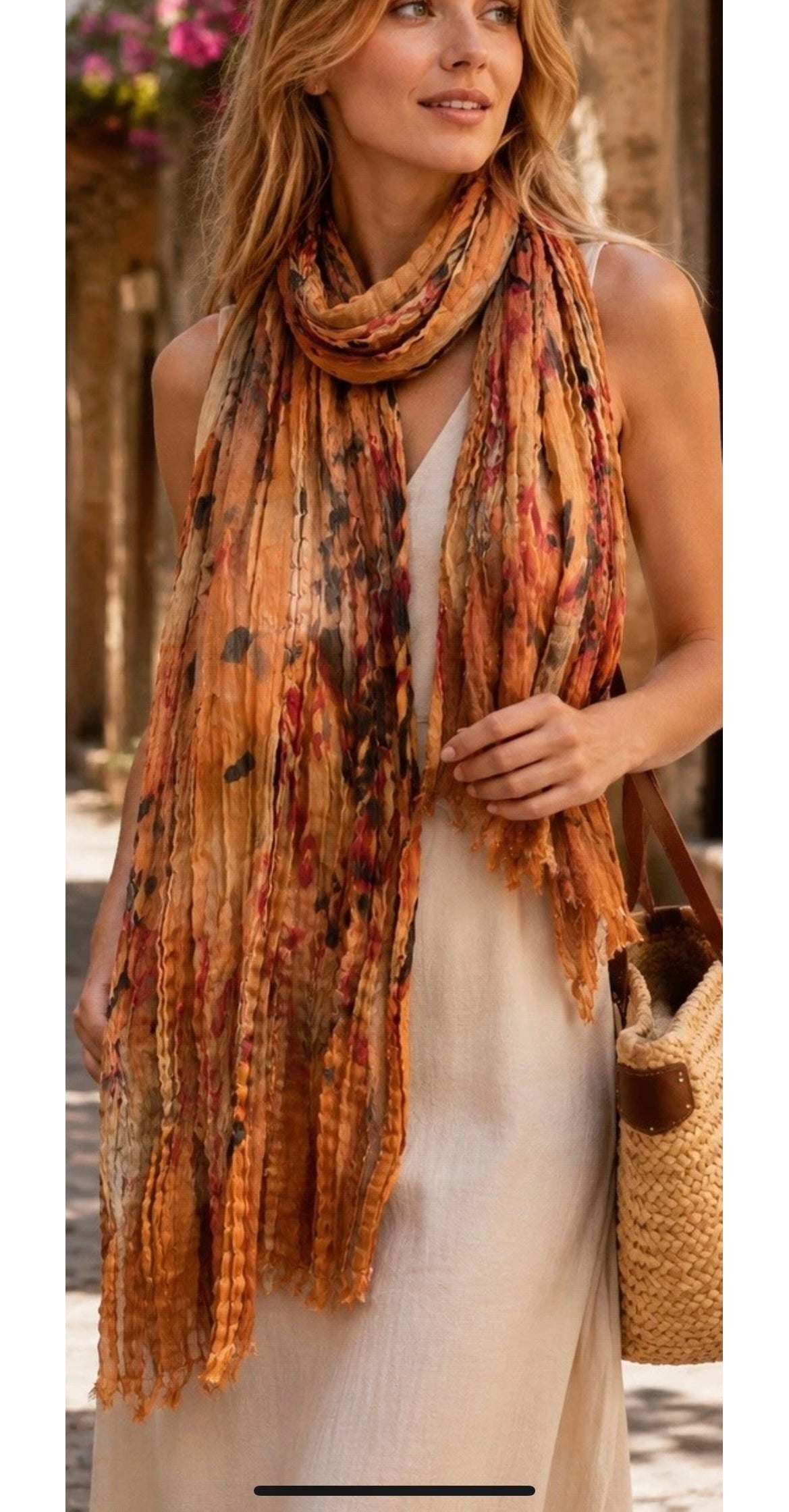 New Womens Pleated Printed Scarf Fall Colors Raw Edges 5000-3100