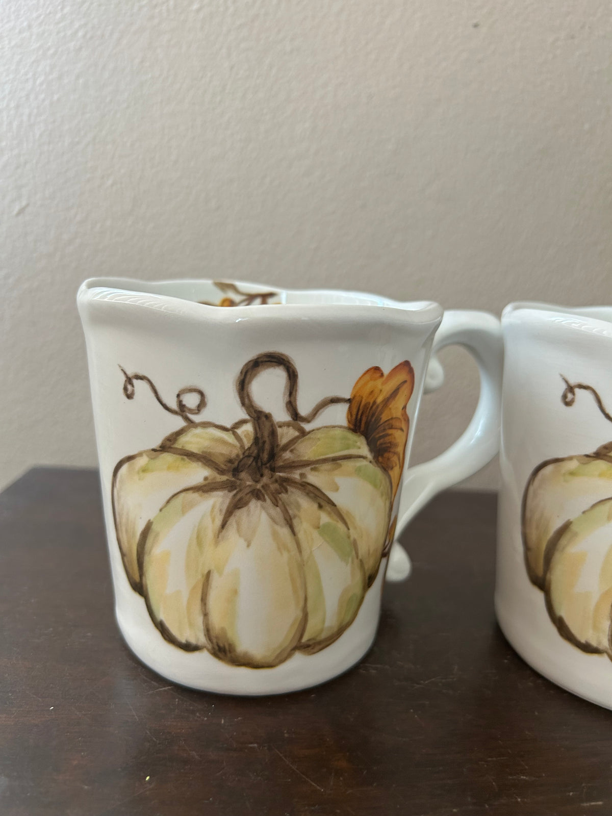 Set Of 2 Pumpkin Fall Coffee Mugs Cups New Thanksgiving Leaves Ceramic
