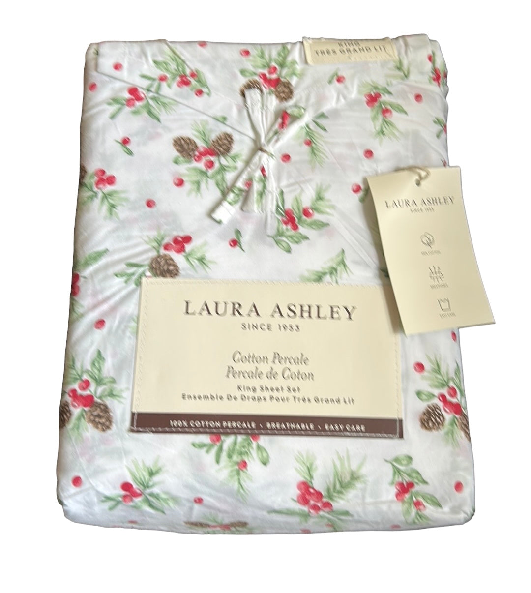 Laura Ashley Cotton Percale Christmas Holly Berries Pinecone  King sheet set new