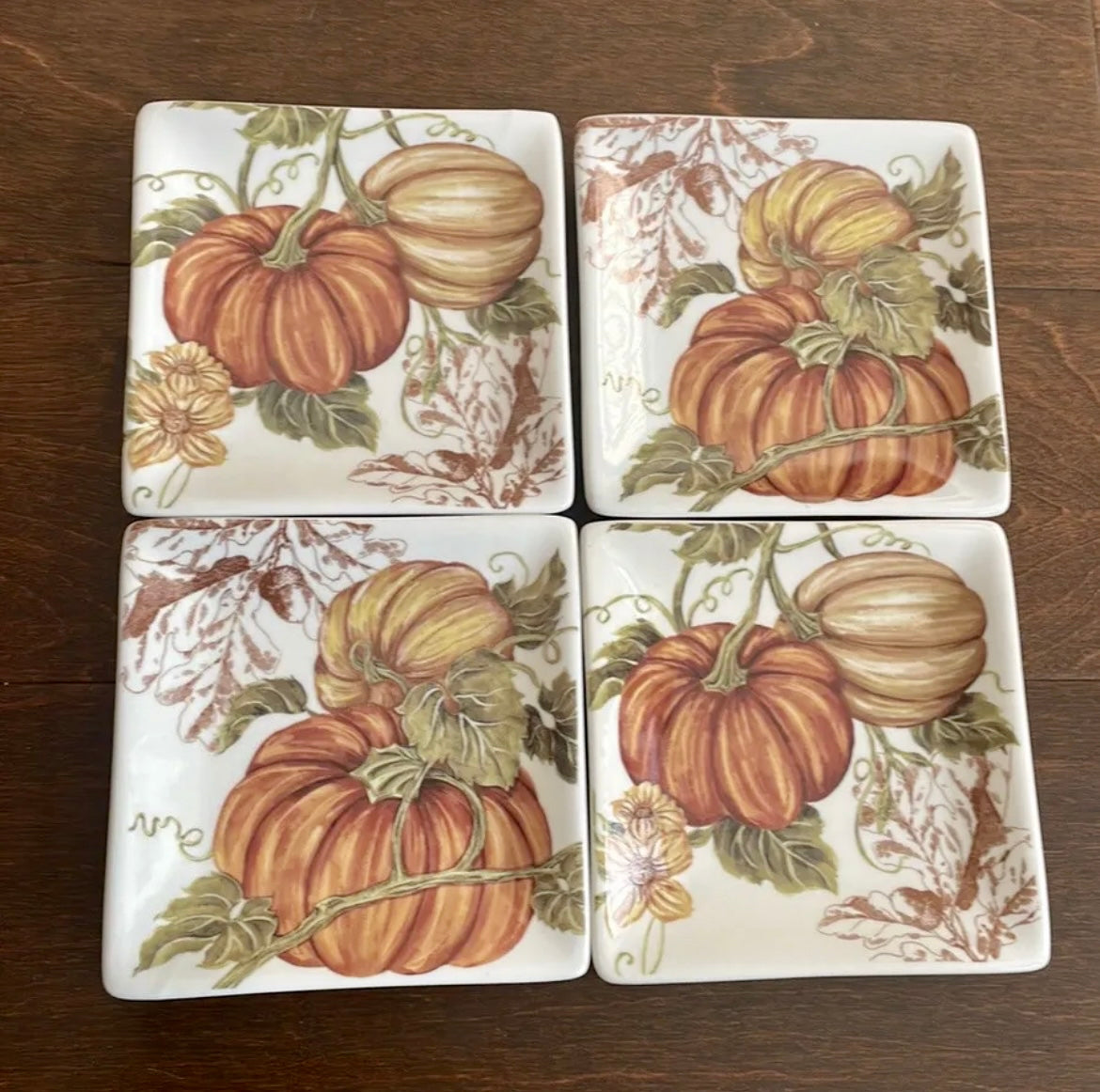 Acorn & Oak Pumpkin Print Appetizer Dessert Plates Set of 4 New Harvest Collection