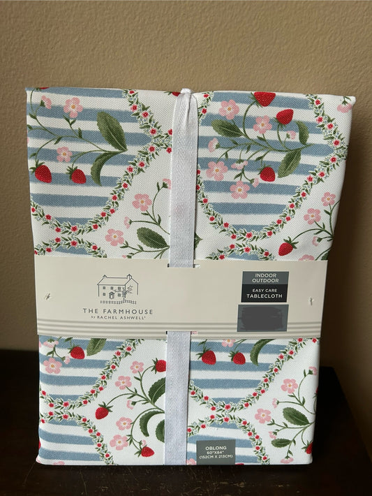 Rachel Ashwell Tablecloth 60”x84” Floral Striped Strawberries