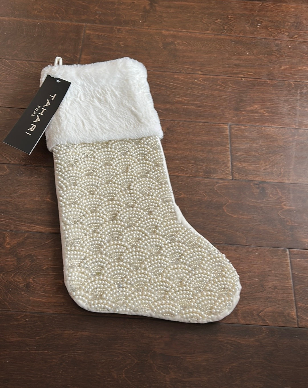 Tahari Beaded Stocking Christmas Faux Fur 22” New Ivory
