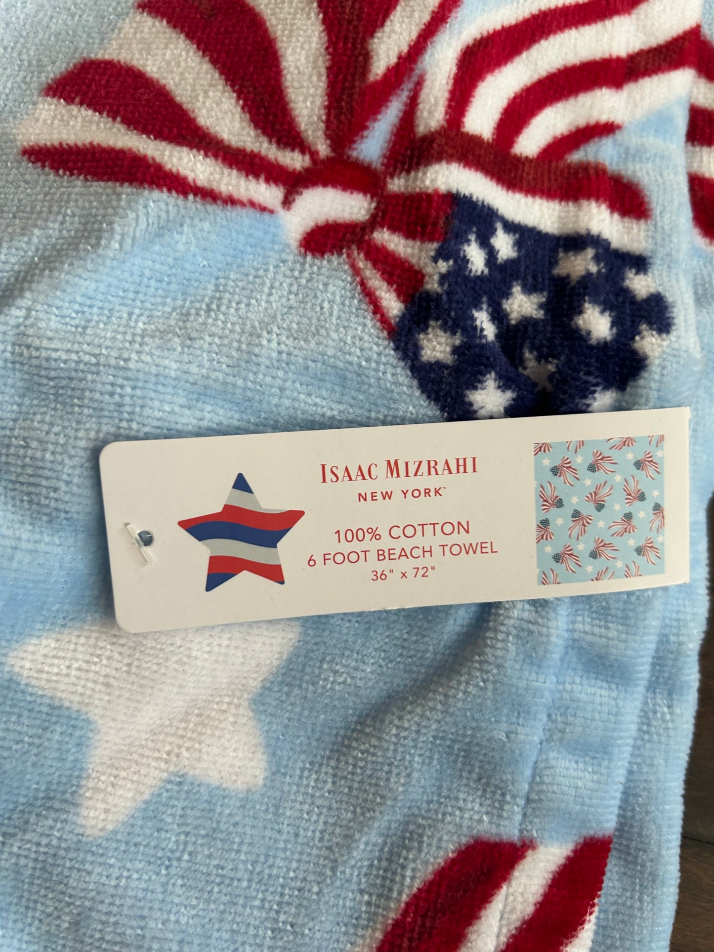Isaac Mizrahi Beach Towel Americana Flags July 4th Cotton Blue red Bows 36”x72”