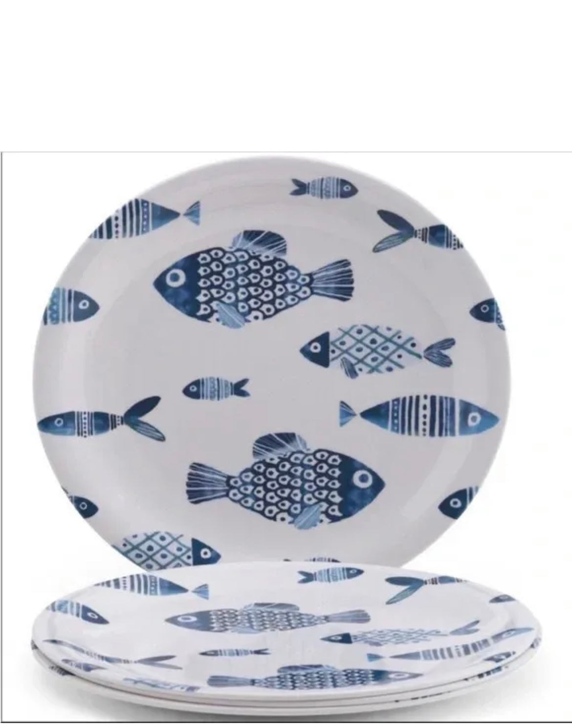 Sigrid Olsen Fish Dinner Plates Melamine Set of 4 Blue White Beach Nautical 10."