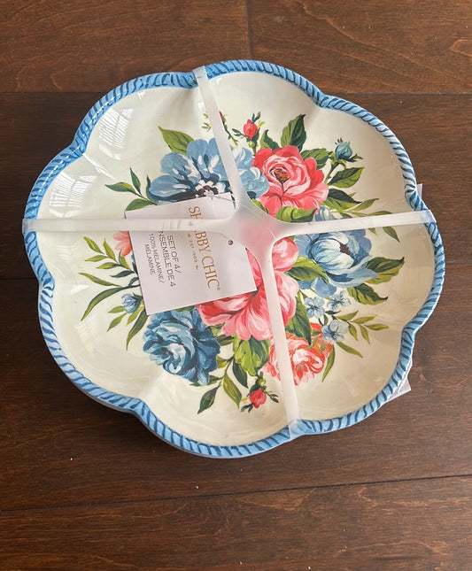 Shabby Chic 4 Salad Plates New Floral Scalloped Melamine