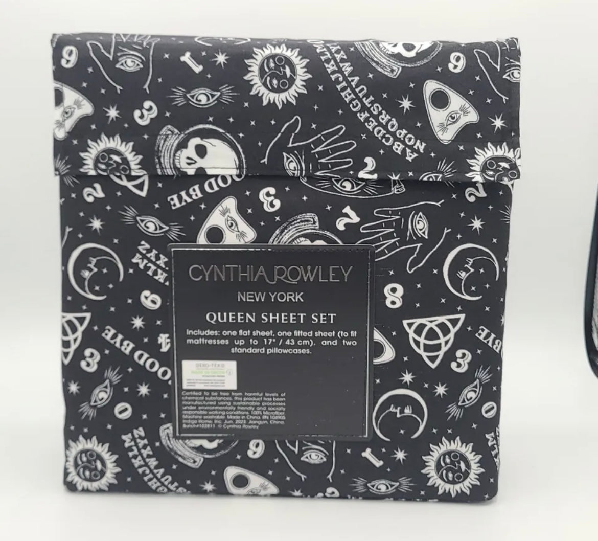 Cynthia Rowley Halloween Ouija Print Sun Stars Moon Skull Sheet Set Black