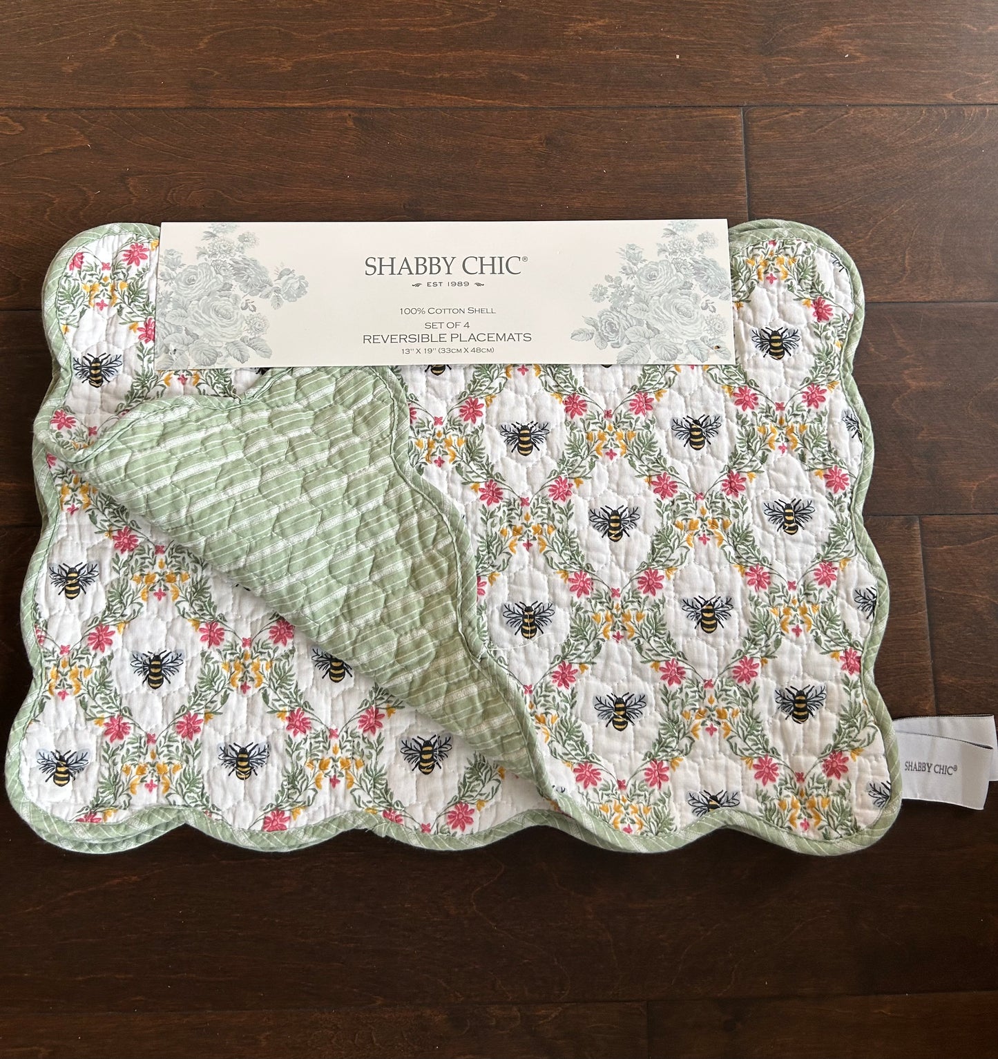 Shabby Chic Set Of 4 Scalloped Quilted Bumblebee Placemats New Floral  Striped