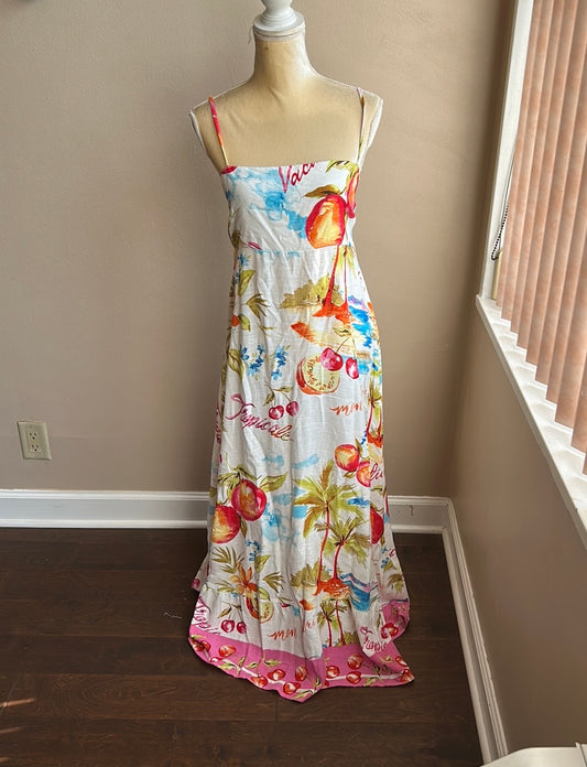 Label Of Love Leilani Dress New Sz L Linen Blend Smocking Tropical Fruits