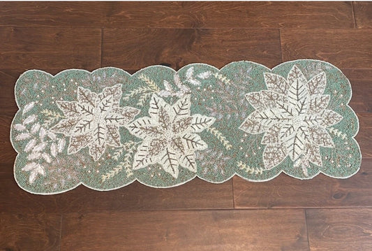 Cynthia Rowley Christmas Holiday Poinsettia Flower Beaded Table Runner New