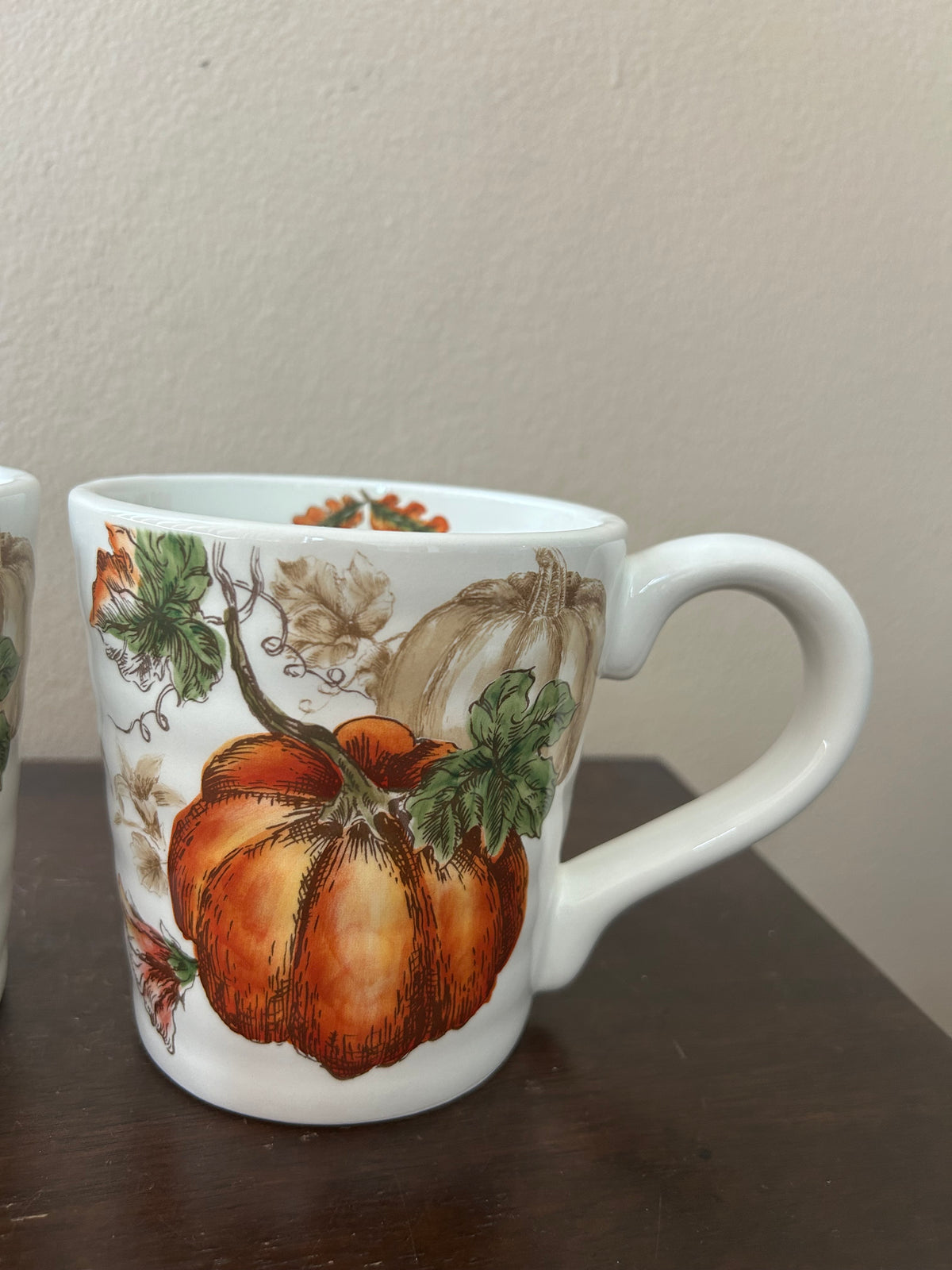 Set Of 2 Pumpkin Fall Coffee Mugs Cups New Thanksgiving Leaves Ceramic