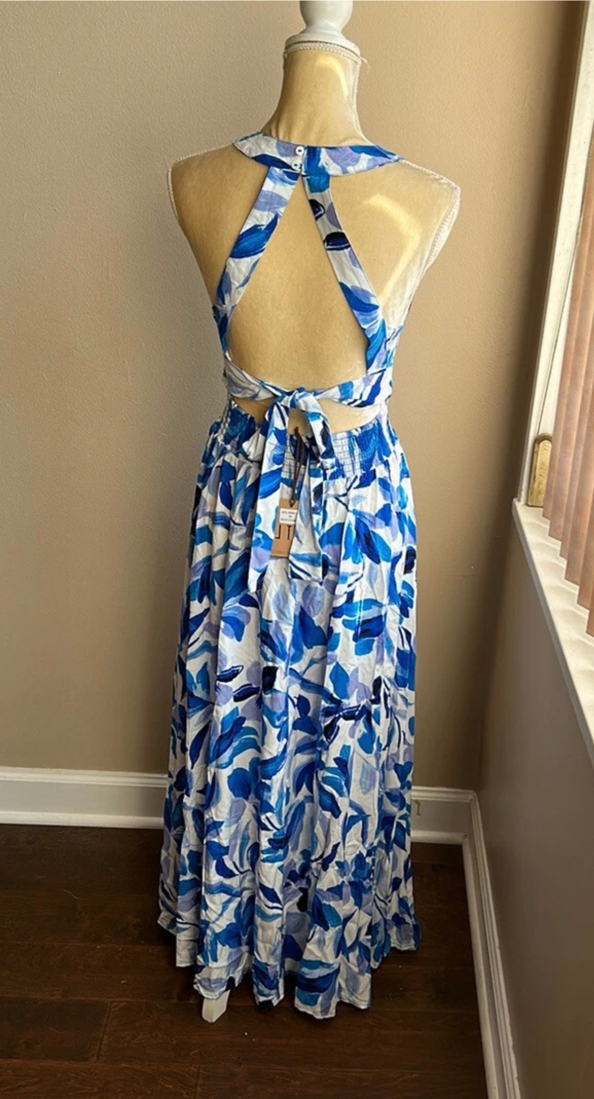 Abel the Label Anthropologie Rumi Maxi Dress NWT White Blue  Sexy Back