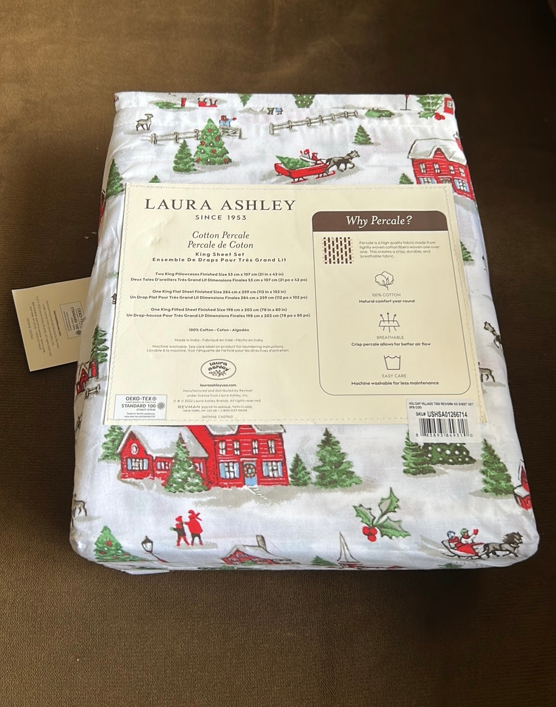 Laura Ashley Cotton Percale Christmas scene Santa Sleigh King sheet set new