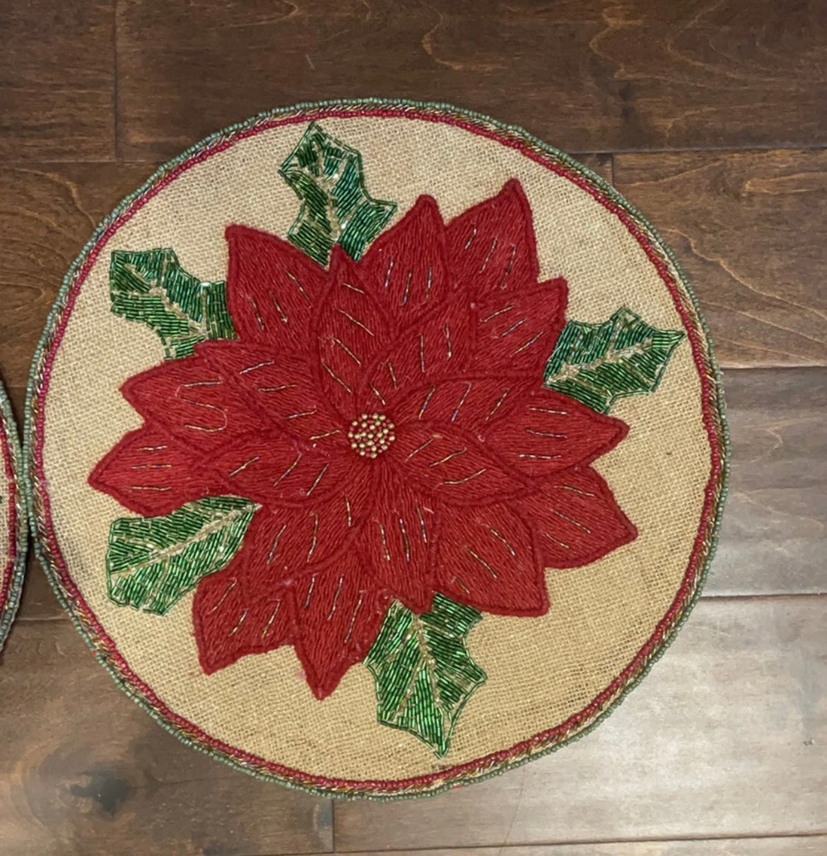 2 Cynthia Rowley Christmas Poinsettia Beaded Round 15" Charger Placemat NEW