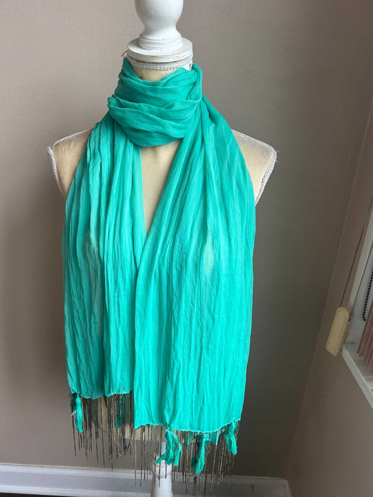 New Women’s Green Scarf With Metal Fringes 5001