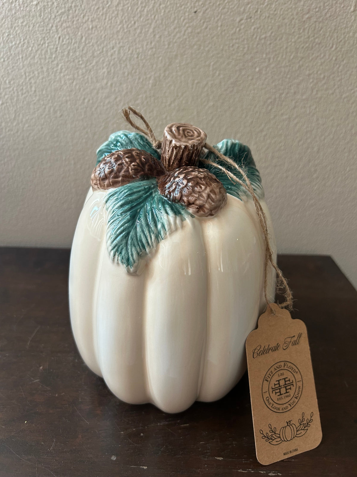 Fitz & Floyd Ceramic Pumpkin Off White Acorn New Thanksgiving Decor