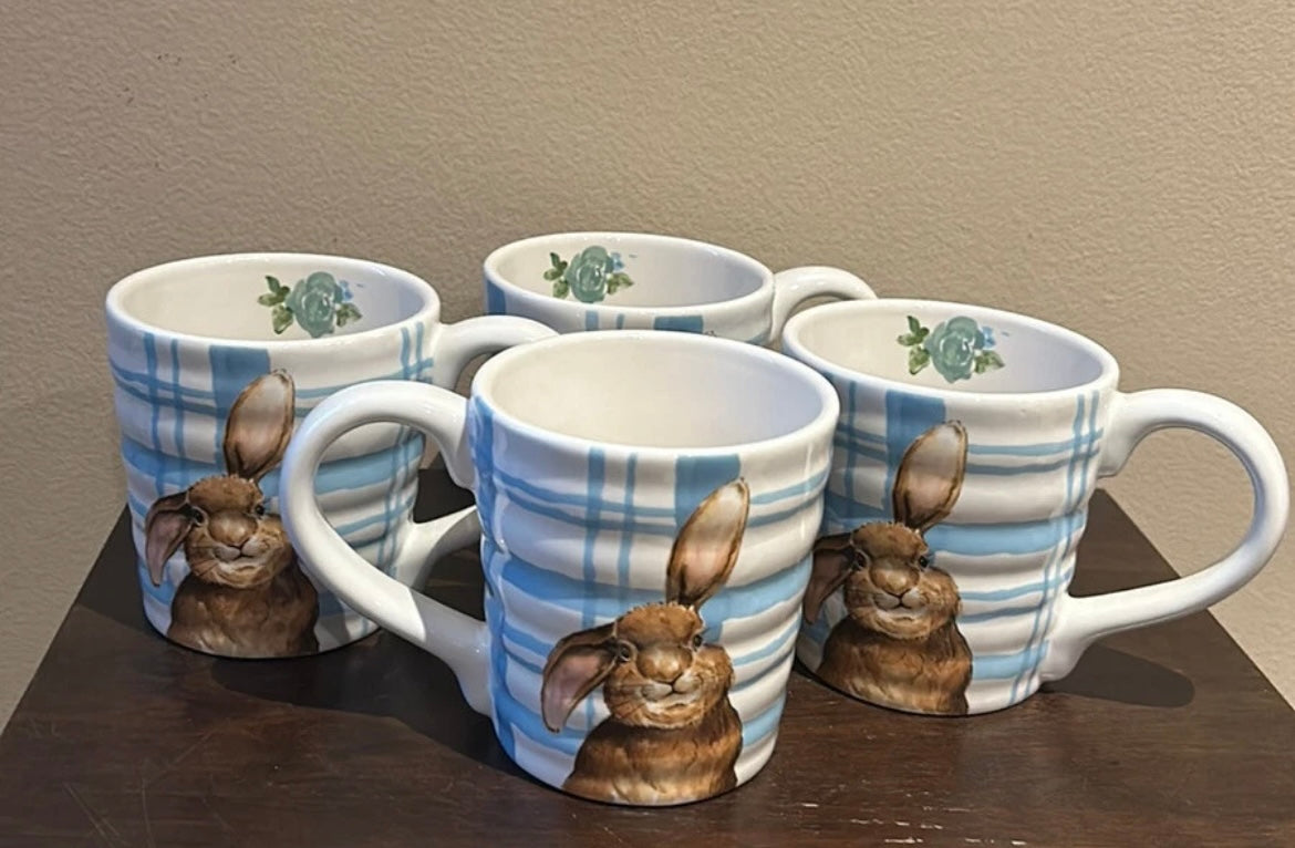 New Coffee Mugs Set Of 4 Cups Easter Bunny Blue White Plaid Pattern