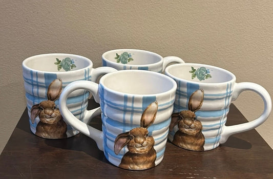 New Coffee Mugs Set Of 4 Cups Easter Bunny Blue White Plaid Pattern