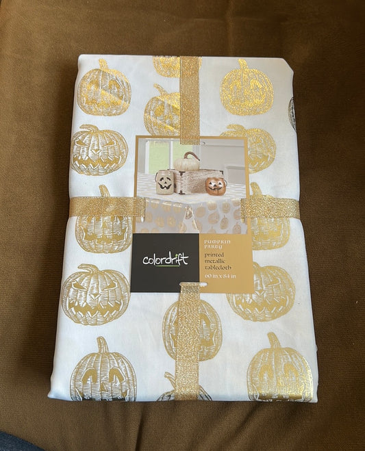 Colordrift Fall Pumpkin Tablecloth off White Gold New 60”x 84” Halloween