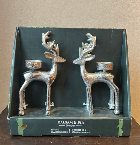 Balsam & Fir Set Of 2 Reindeer Tea Light Candle Holders Silver Metal New