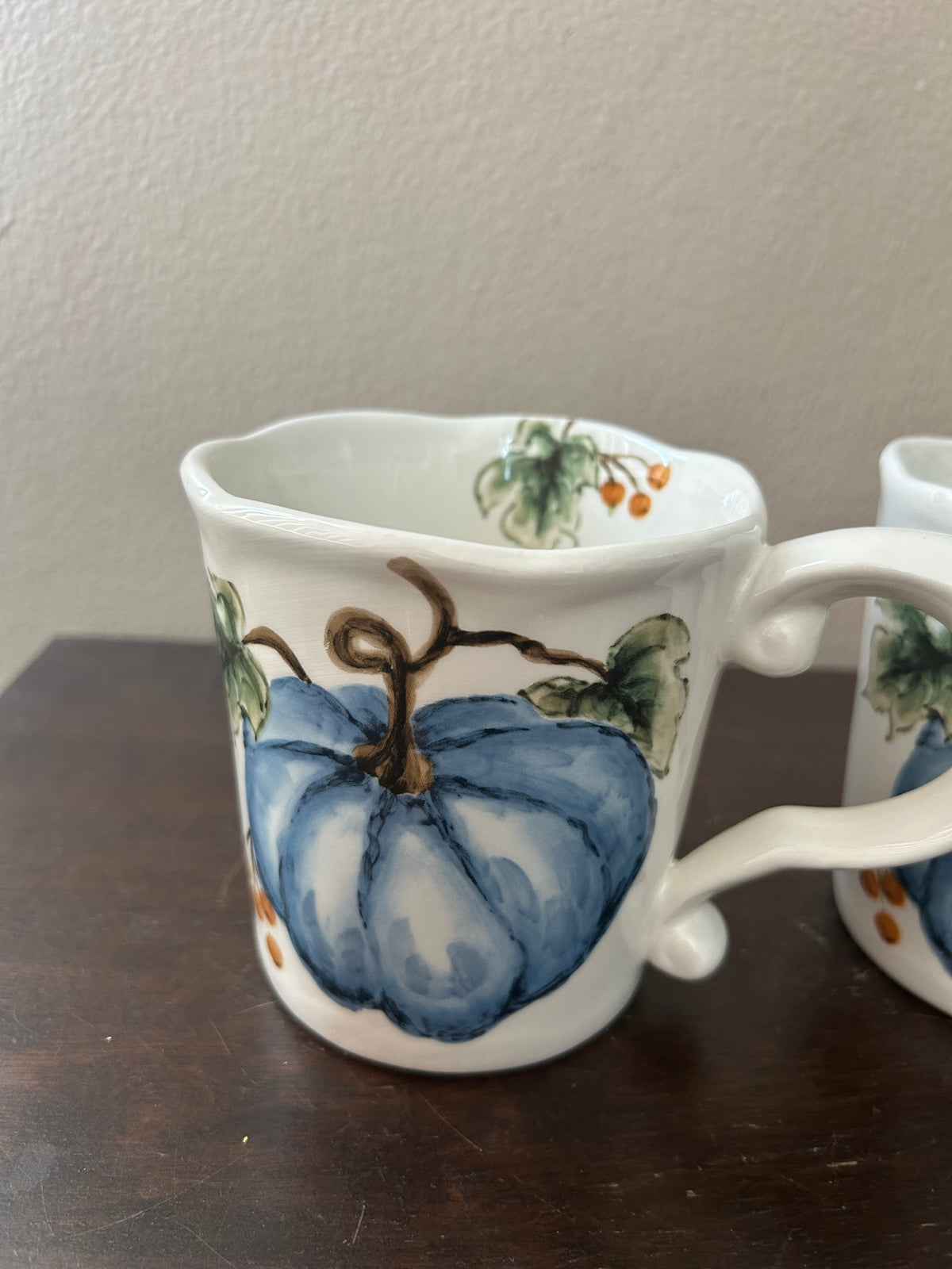 Set Of 2 Pumpkin Fall Coffee Mugs Cups New Thanksgiving Leaves Ceramic Blue