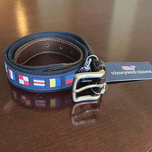 NWT Vineyard Vines Mens Nautical Nantucket Flags Leather Canvas Belt Navy Sz 32
