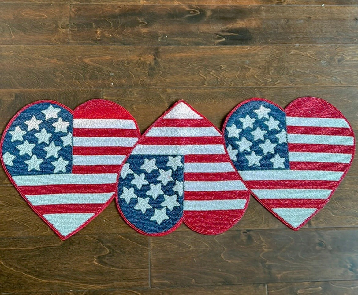 Storehouse Americana Beaded Hearts Flag Stars Stripes Table Runner July 4th NWT