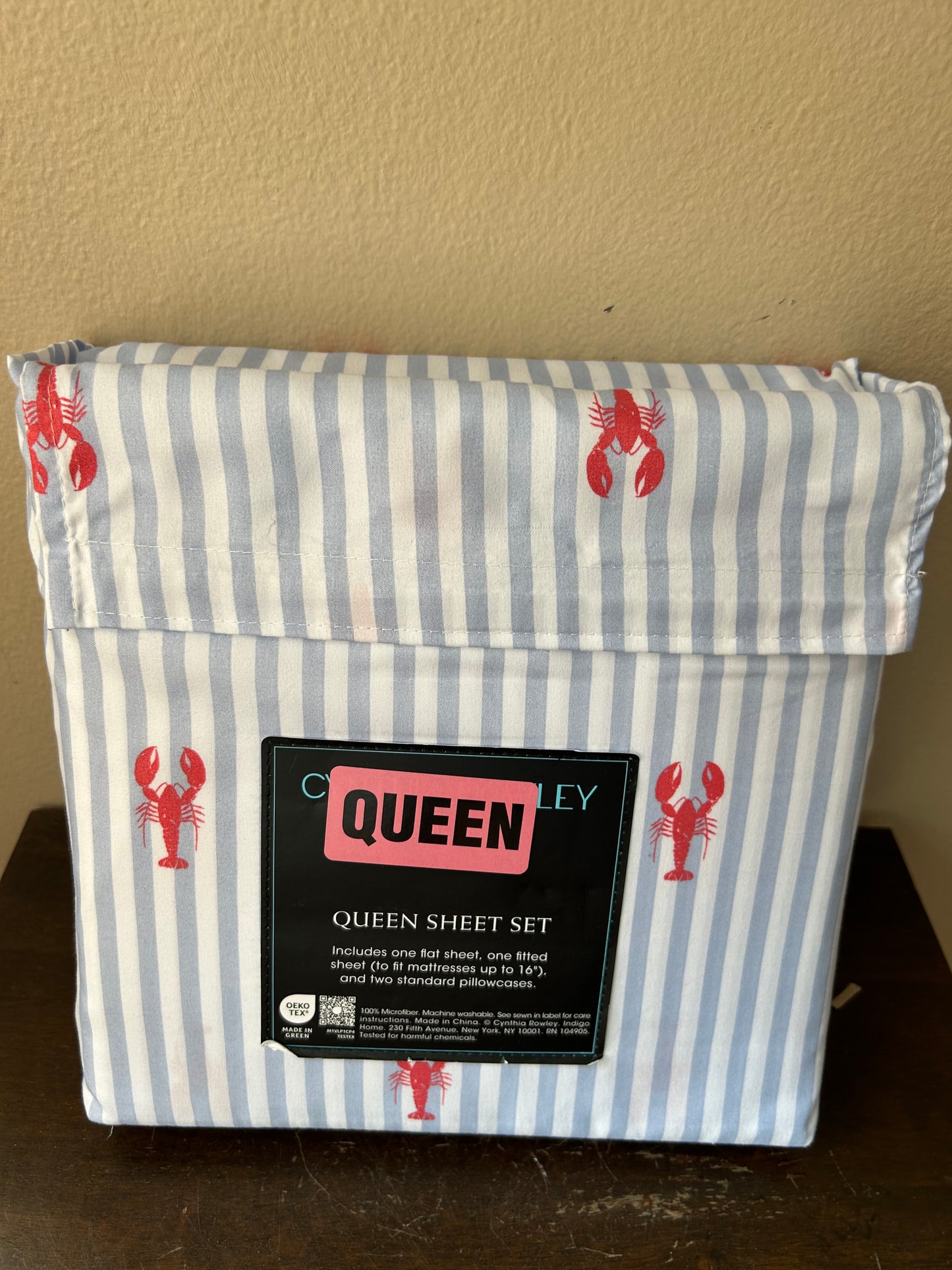 Cynthia Rowley Queen Sheet Set New Lobster Striped Microfiber