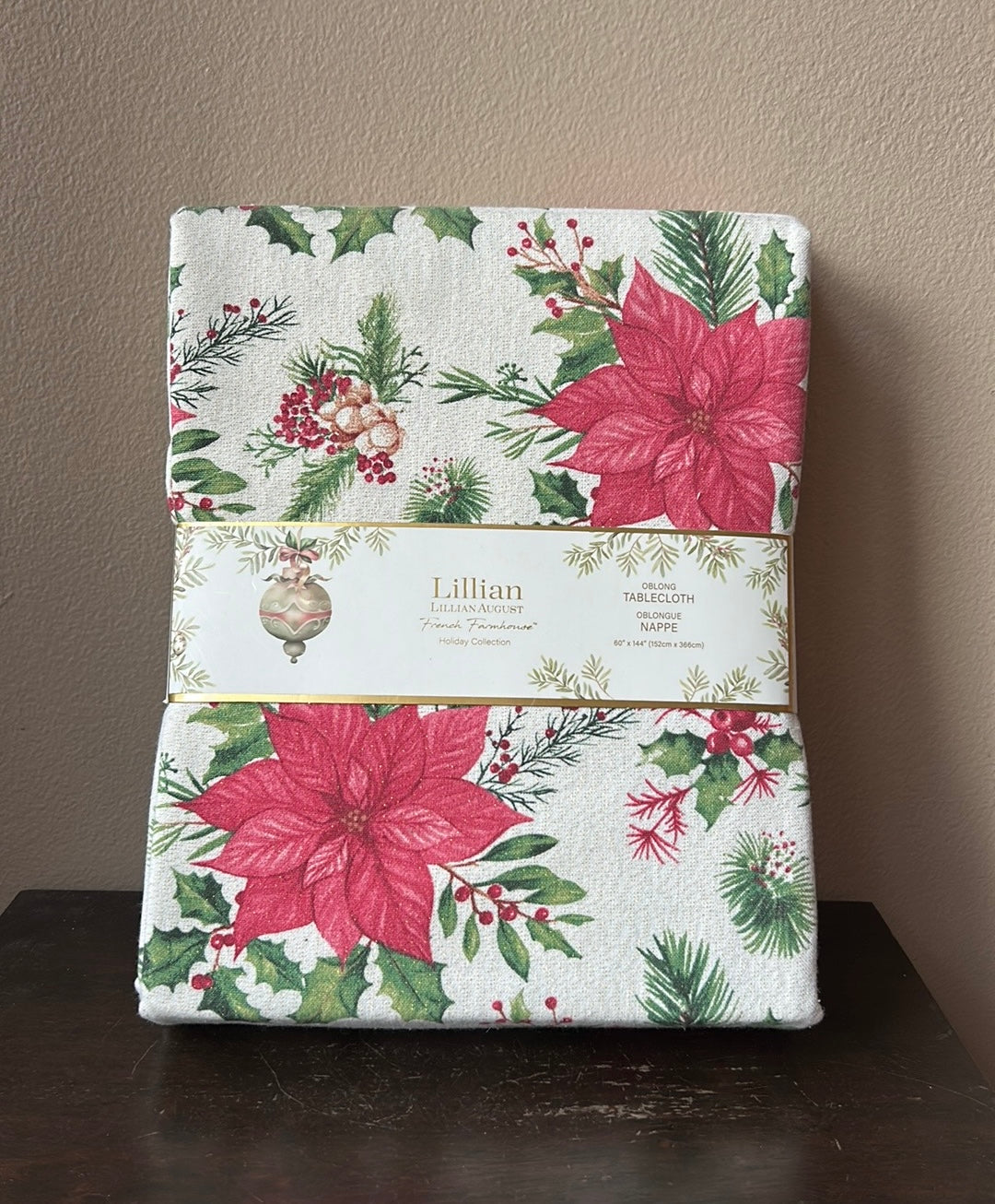 New Lillian August Christmas Tablecloth 60”x144” Poinsettia Holly Berry Shimmery
