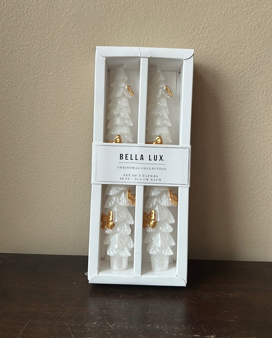 Bella Lux Taper Candles 2 Pcs Christmas Tree Bows 10” Off White Gold