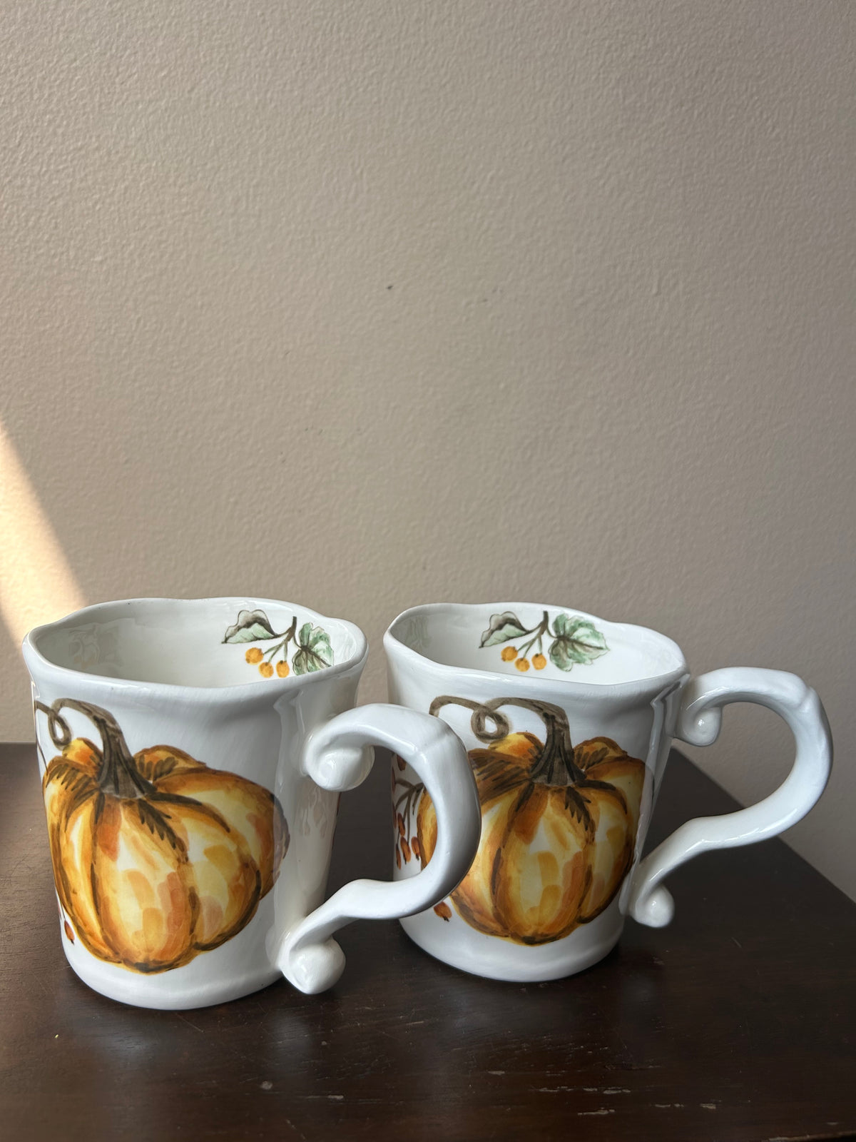 Set Of 2 Pumpkin Fall Coffee Mugs Cups New Thanksgiving Leaves Ceramic