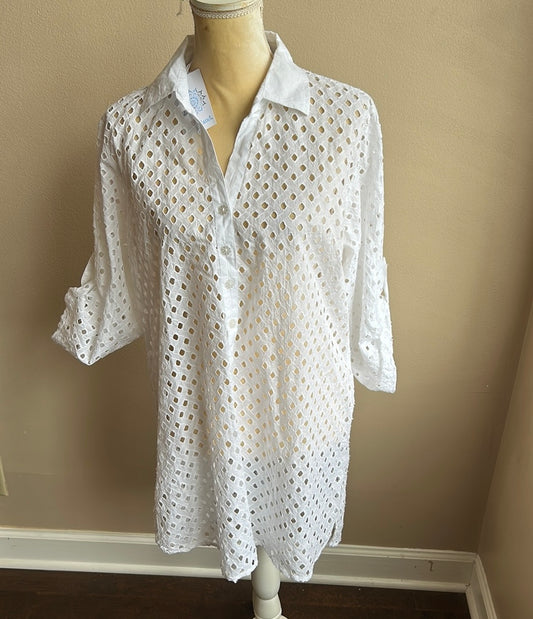 Blue Island Womens New Swim Coverup White Eyelet Sz M Rolled Cuff Sleeve