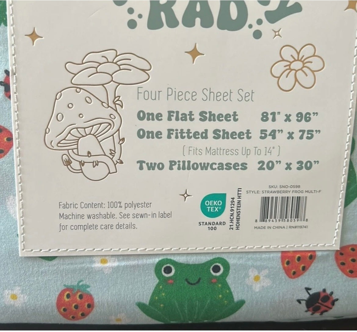 Toadally Rad Full Sheet Set Toads Frogs Strawberries New Ladybug
