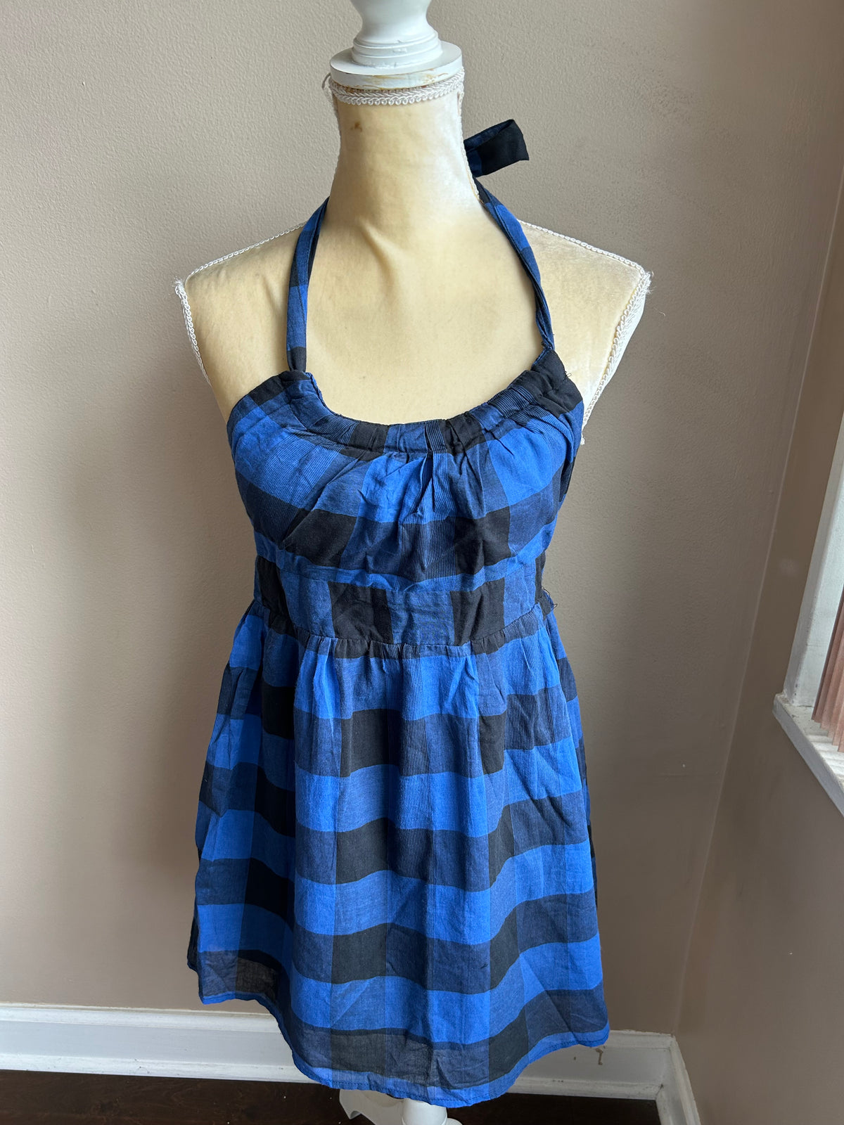At Last Mini Juniors Dress Sz M Blue Black Plaid Cotton Halter (GSC)