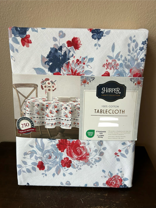 Harper Americana New Tablecloth Oblong  Red White Blue July 4th Floral