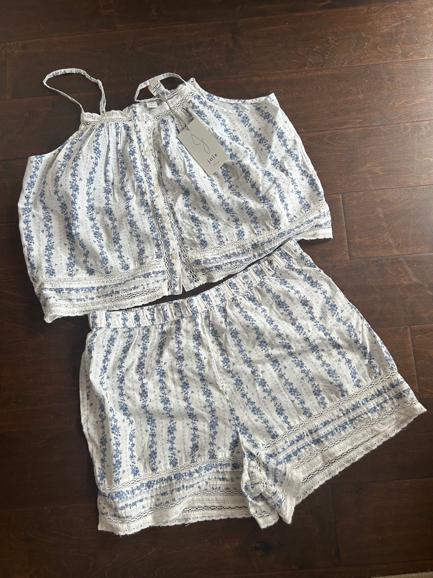 Joie Womens Blue White Flora Pajama Lace Set Shorts Top New Lace Cotton