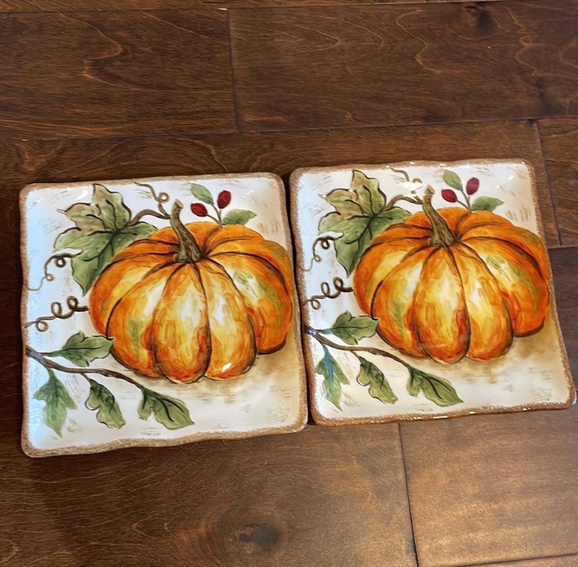 Maxcera Pumpkin Fall Leaves 6 Salad Plates Ceramic Square