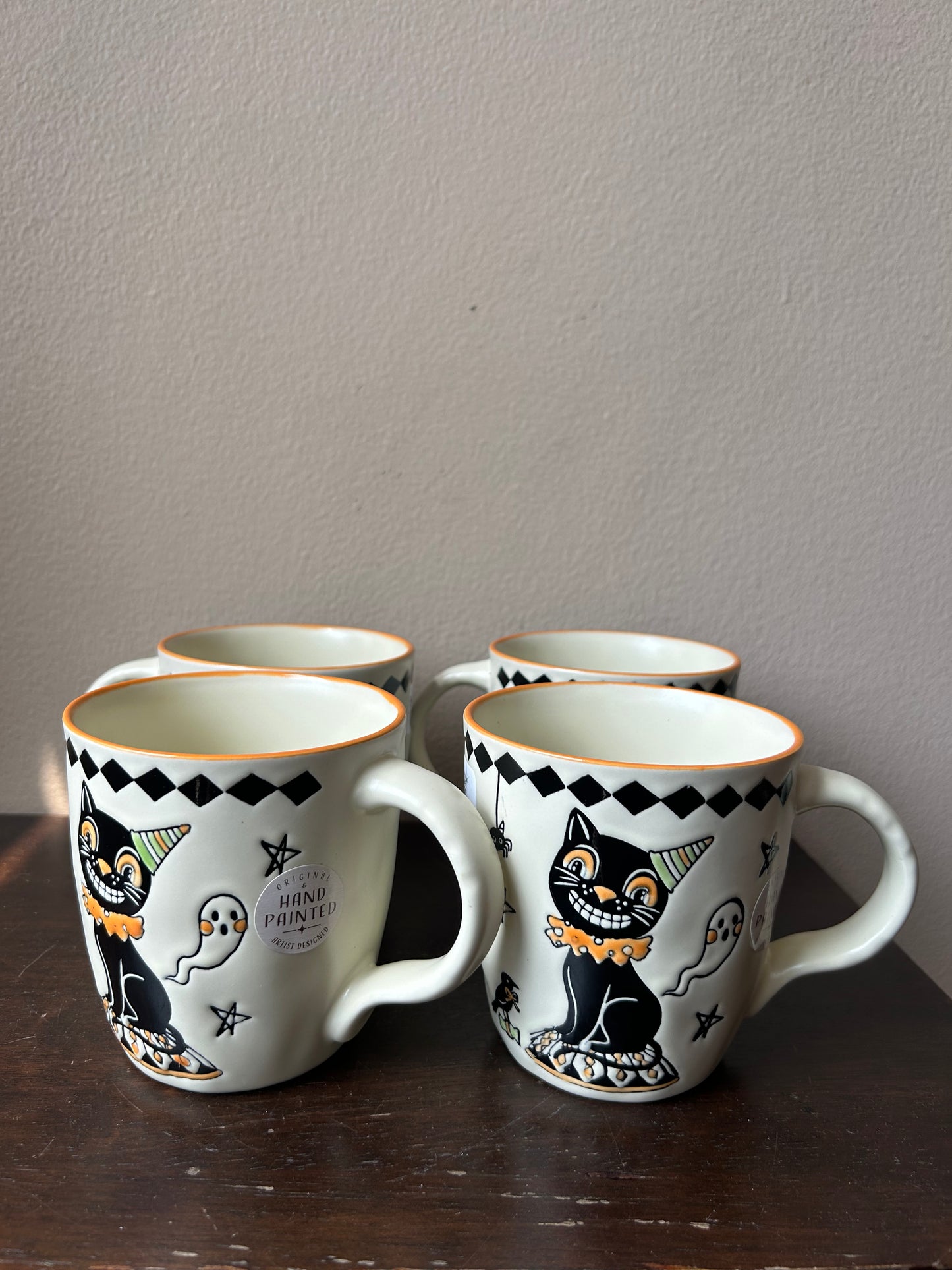New Eli & Ana Set of 4 Coffee Mugs Halloween Cat Ghosts Spider Handpainted