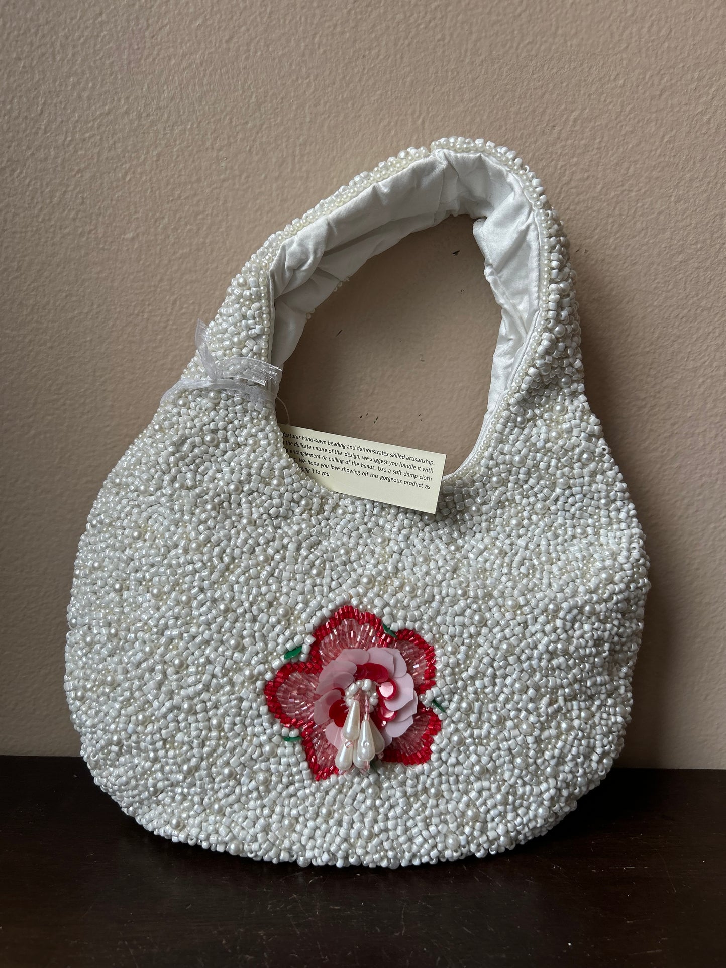 New Off White And Pink Floral Beaded Bag Off White Pink Handcrafted