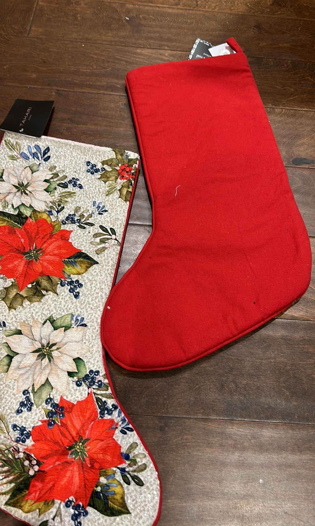 2 Tahari Embroidered  Stocking Christmas  New Beaded Poinsettia Holly Berry