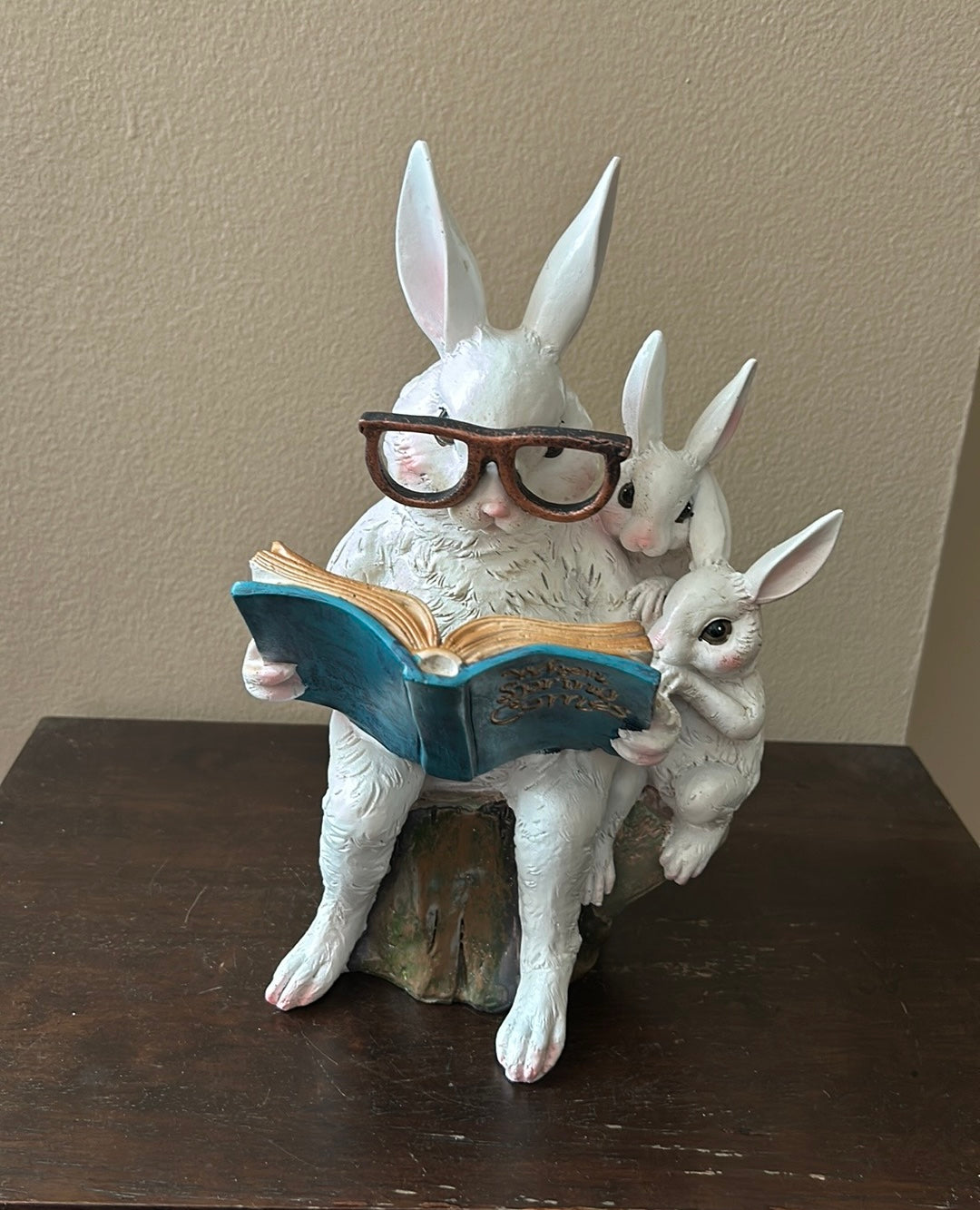 New Easter Bunny Reading Story Book To Baby Bunnies Figurine 11”