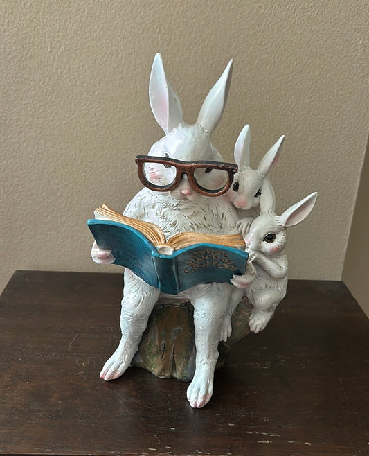 New Easter Bunny Reading Story Book To Baby Bunnies Figurine 11”