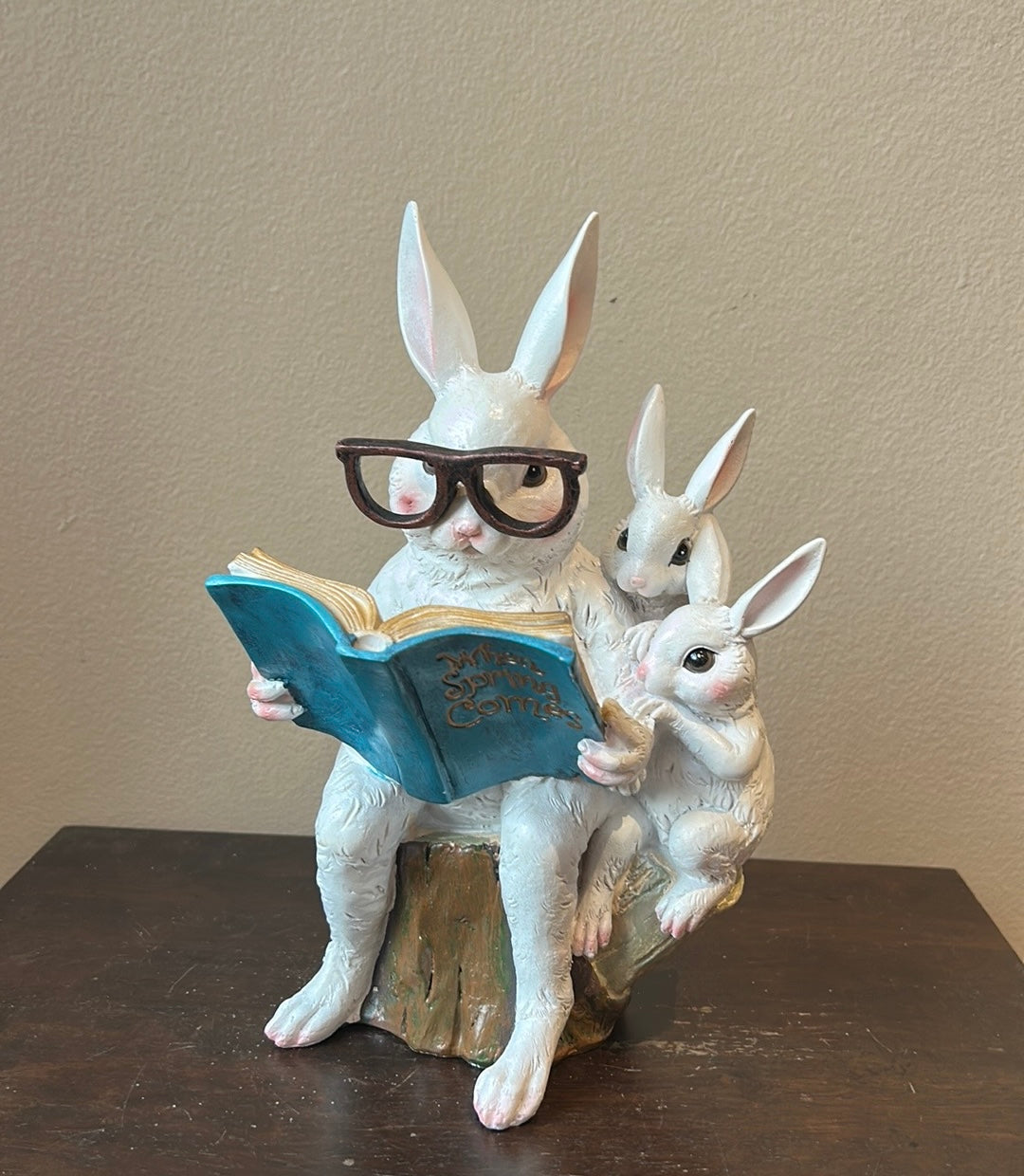 New Easter Bunny Reading Story Book To Baby Bunnies Figurine 11”