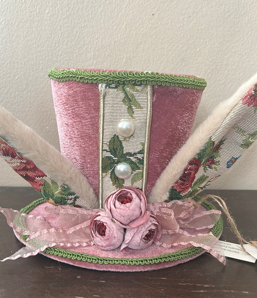 New Madhatter Theme Fabric Decorative Hat With Bunny Ears Easter 6.5” Tall