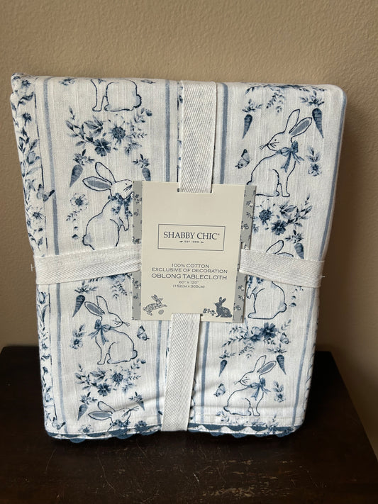 Shabby Chic Easter Tablecloth New 60”x120” Bunny Blue White Floral