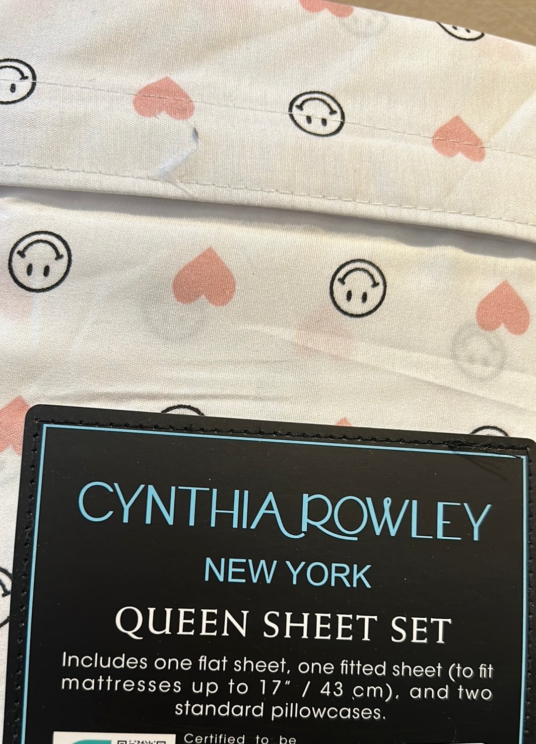 Cynthia Rowley QUEEN Sheet Set SMILEY FACE Black White Pink Hearts 4 PC NEW