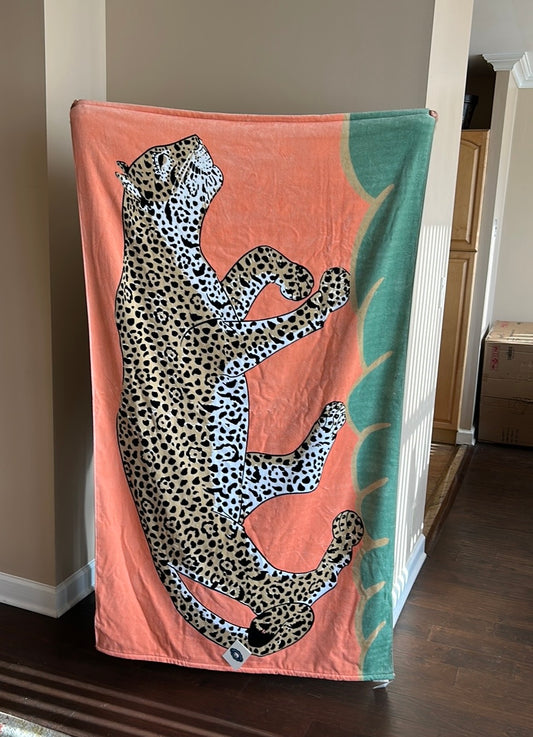John Robshaw Beach Towel New Reversible Leopard Dandelions Cotton 40”x70”