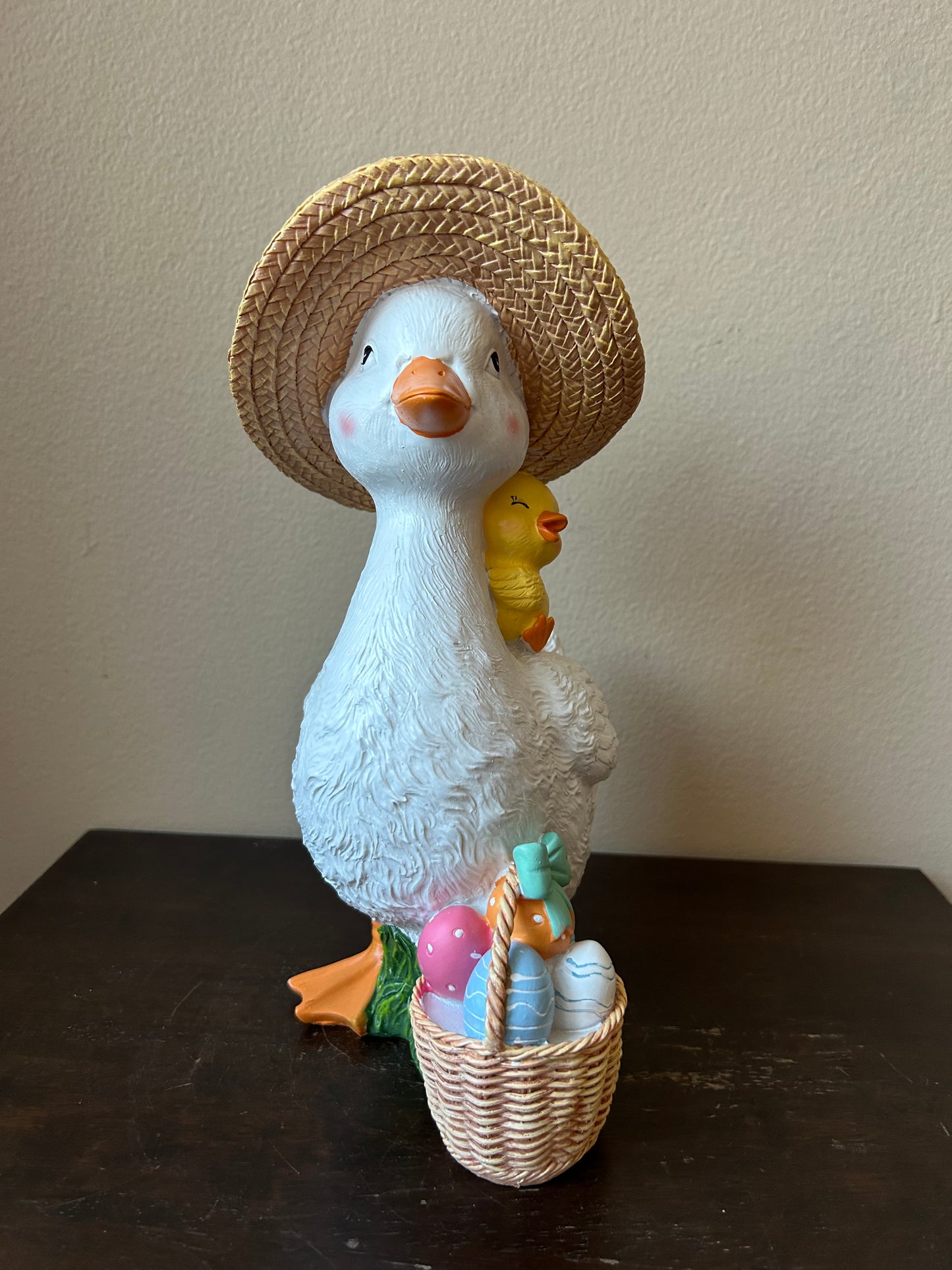 New Easter Duck Wearing Straw Hat With Easter Egg Basket Figurine 11” Tall
