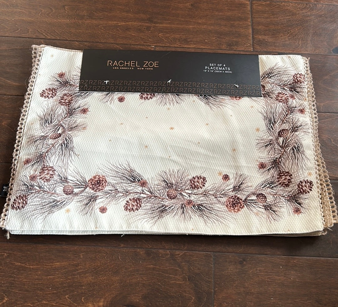 New Rachel Zoe Christmas Fall Table Placemats Set Of 4 Pinecones Beige