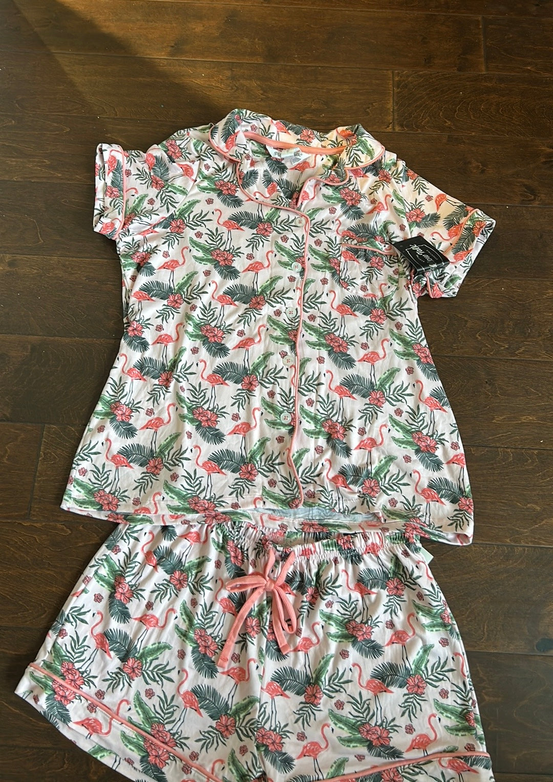 Pillow Talk 2 Pc Pajama Set New Flamingoes Tropical Palm Fronds New