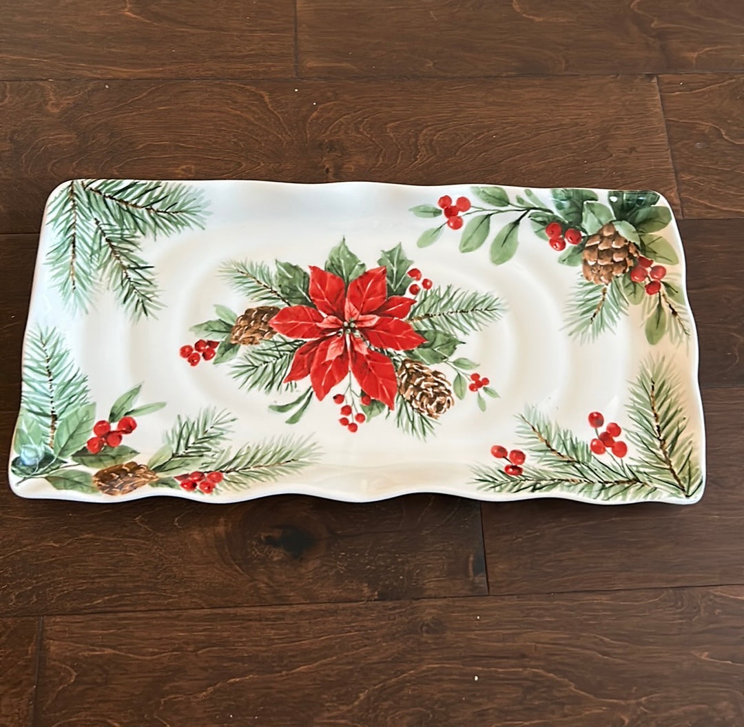 Maxcera Pumpkin Poinsettia Pine cones Christmas Serving Platter Ceramic New